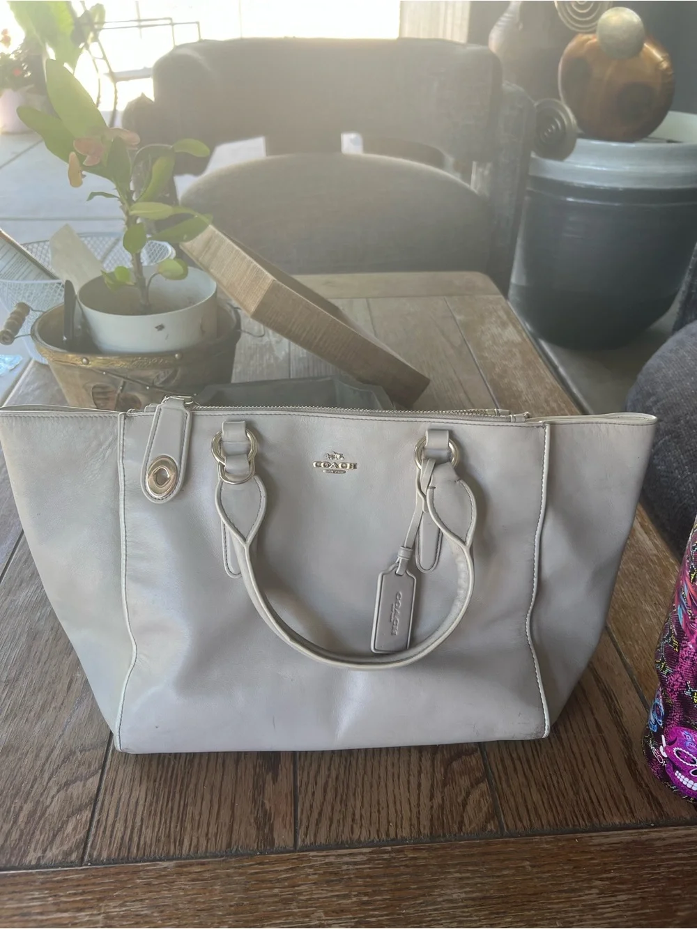 Coach Pebbled Leather Satchel in Light Taupe with Gold Hardware